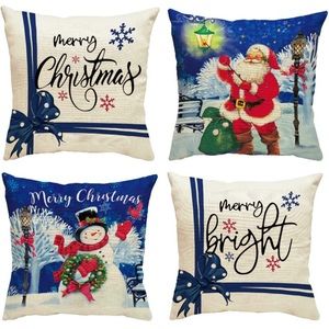 Christmas Throw Linen Pillow Covers 18x18 Inch Set of 4, Winter Merry Christmas